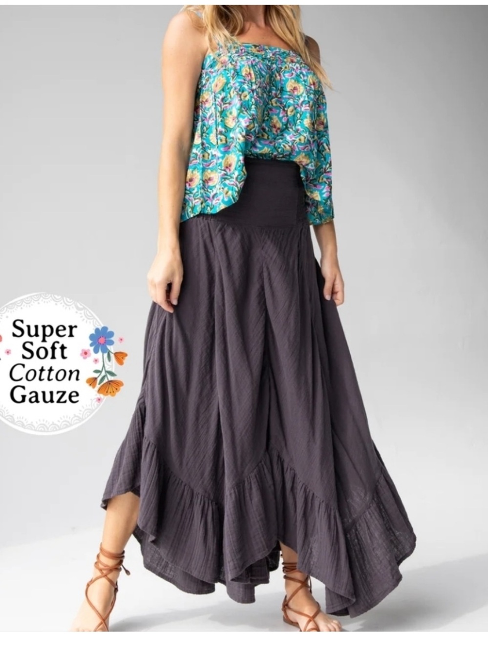 Natural Life Convertible Boho Cotton Gauze Midi Skirt/Dress Asymmetric Womens L